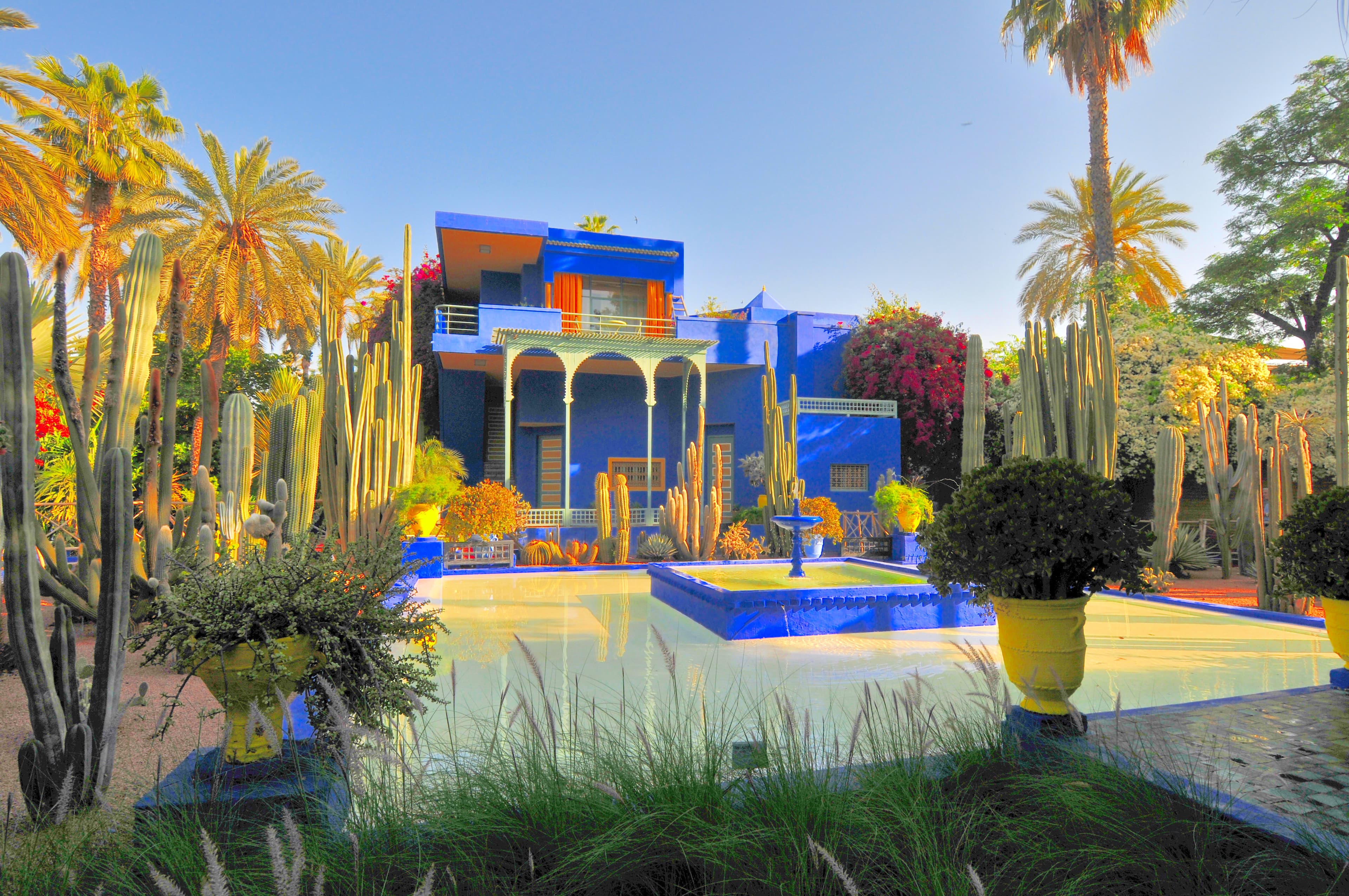 The Majorelle Garden's cobalt-blue villa among cacti, Marrakech