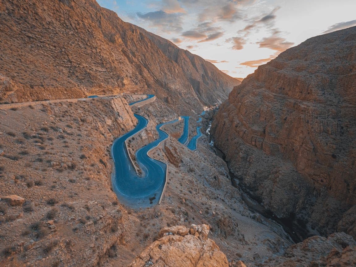 The switchback road through the Dades Gorge at sunset
