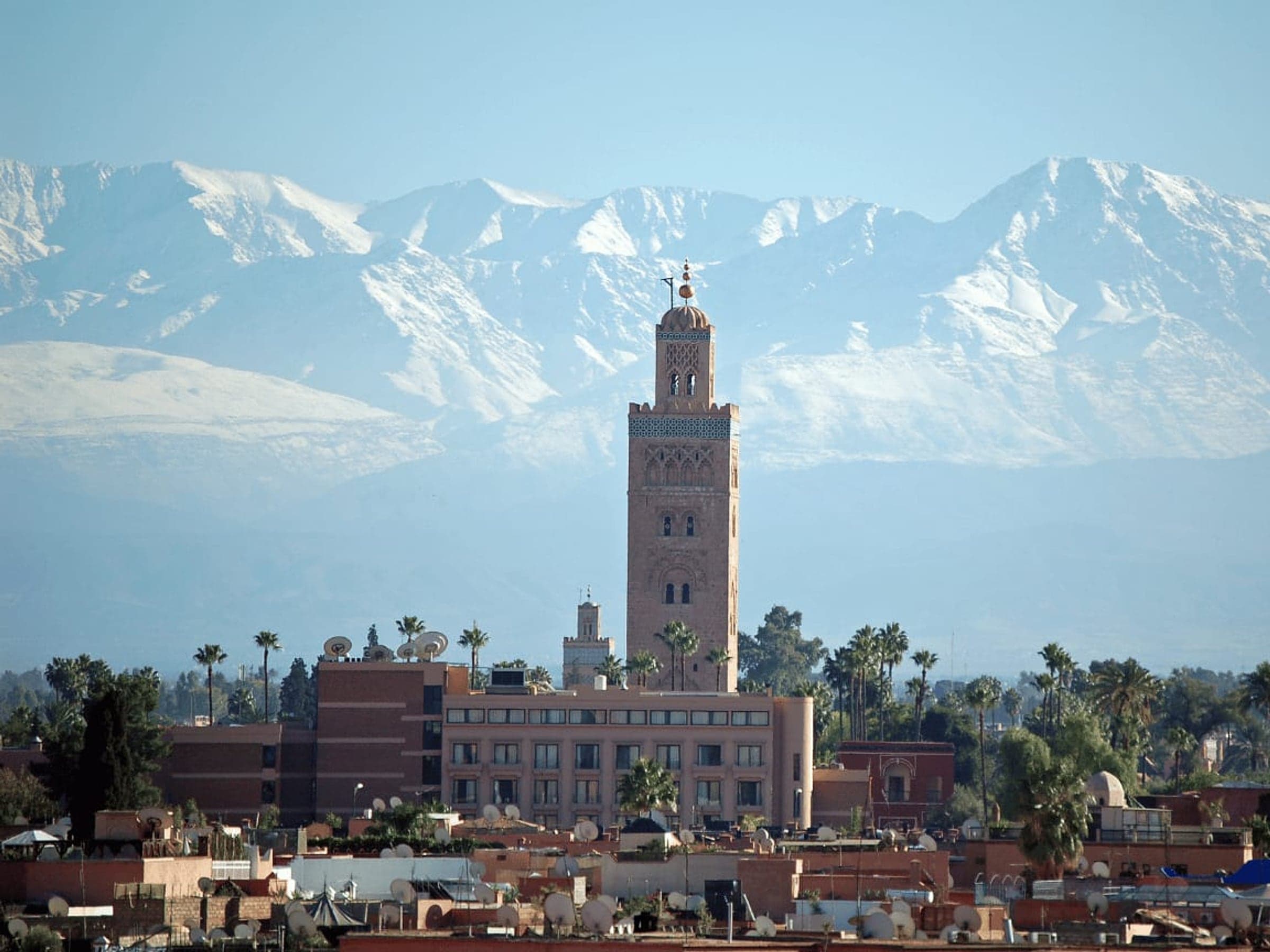 The Koutoubia minaret with the High Atlas behind it, Marrakech
